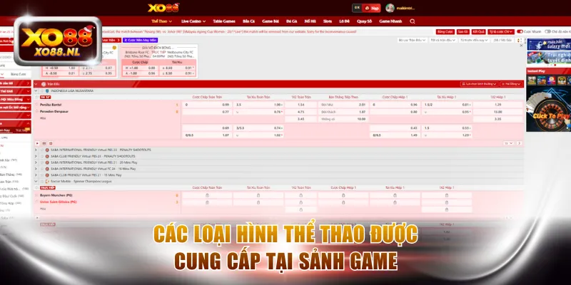 Các loại hình thể thao được cung cấp tại sảnh game